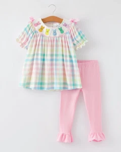NEW Boutique Easter Outifit Toddler Girls Smocked Peeps Bow Plaid Colorful - Picture 1 of 4