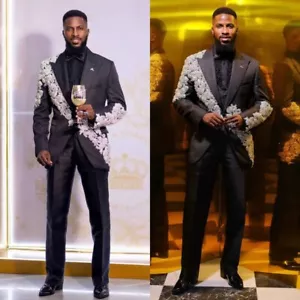 Exquisite Beaded Groom Wedding Tuxedos Single Breasted Banquet Jacquard Suits - Picture 1 of 12