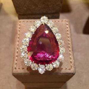 925 Sterling Silver Ring Lab Created Ruby Halo Set Evening Red Carpet Jewelry - Picture 1 of 3