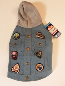 NWT Top Paw S Pet Dog Jean Jacket Hoodie With Patches Badges