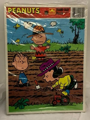 Rompecabezas vintage Peanuts Charlie Brown Lucy Garden marco dorado bandeja Foto 1 de 2