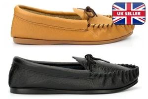 Mens Leather Moccasins Mens Moccasin Slippers Slip On Outdoor Sole Made in UK - Picture 1 of 10