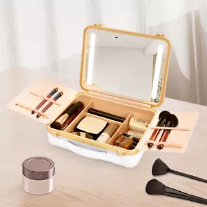 White Portable Travel Makeup Box with 4K Silver Plated Mirror and LED Lights - Picture 1 of 15