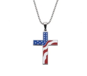 Necklace Pendant - American Flag Faith Cross - Women & Men - Silvery Outline - Picture 1 of 2