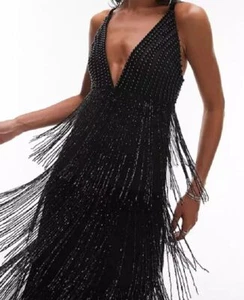 Topshop Premium Strappy embellished Fringe and beaded mix midi dress - Black 16 - Picture 1 of 3