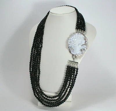 COLLANA  ARGENTO 925 RODIATO CAMMEO SARDONICO 70 mm ONICE 5 FILI   -AGLN  0232 - - Immagine 1 di 3