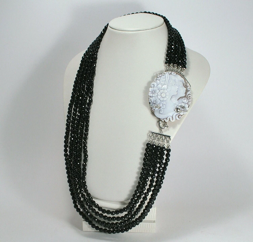 Collar Plata 925 Rodiado Camafeo Sardónico 70MM Ónix 5 Cables -agln 0232 - Imagen 1 de 3