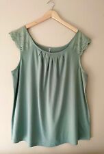 Green Broderie Vest Top Size 16 18/20 22/24 26 Sleeveless T-shirt Lace trim 590