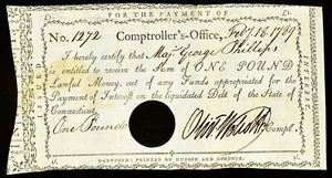 2/18/ 1789 CT Comptroller 1 Pound Note Paid To Revolutionary War Major Phillips - Picture 1 of 2