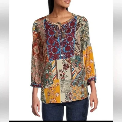 Blusa nova com etiquetas John Mark 2X manga 3/4 bordada túnica floral estampa lateral selvagem - Imagem 1 de 4