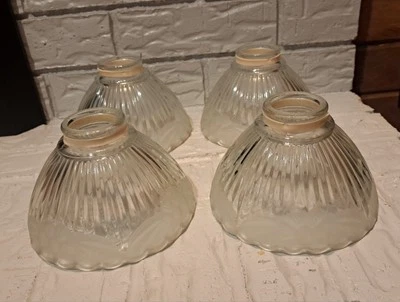 Vtg Clear Frosted Glass Shades Ribbed With Floral Pattern 2.25" Fitter, Set Of 4 - Image 1 of 4