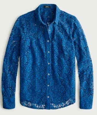 Camisa J Crew Azul Encaje Transparente Abotonada Talla 8 Cuello Manga Larga Foto 1 de 4