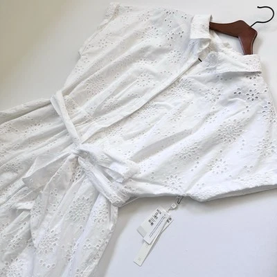 White Eyelet Button Up Bow Belt Long Collared Summer Caslon Dress Women's Sz XXL - image 1 of 4