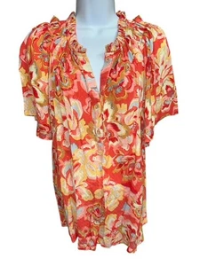 Democracy 2X Top Orange Blue Yellow Rayon Fancy Floral Pleats Flare Short Sleeve - Picture 1 of 5