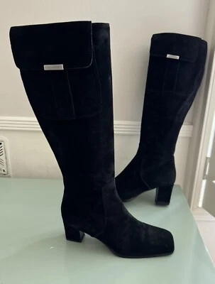YVES SAINT LAURENT VTG Square Toe Black Suede Knee Boots Block Heels Sz 7.5 YSL - Image 1 of 4