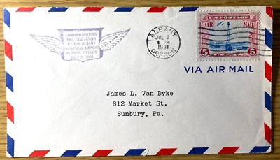 1931 ALBANY OREGON MUNICIPAL AIRPORT vtg dedication envelope 5¢ AIR MAIL STAMP - Image 1 of 4