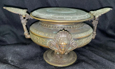 Antique Ornate Figural Indian Bronze Handled Footed Censer / Vase Mount Cover