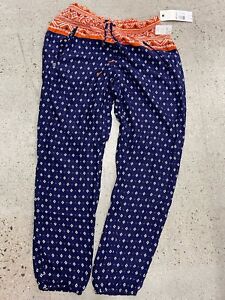 NWT Blue Orange ROXY printed drawstring waist Harem Sunday noon women's pant $49