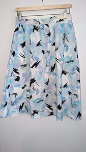 Vintage 80s A Line Patterned Skirt Light Blue Graphic Print Cotton Full Size 16