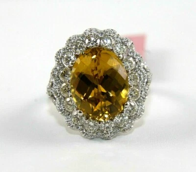 Oval Yellow Zircon Gemstone & Diamond Filigree Halo Ring 14k White Gold 11.19Ct - Imagem 1 de 4