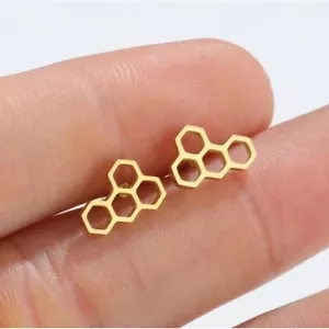 18K Gold Plated Titanium Honeycomb Stud Earrings Geometric Minimalist - Picture 1 of 1