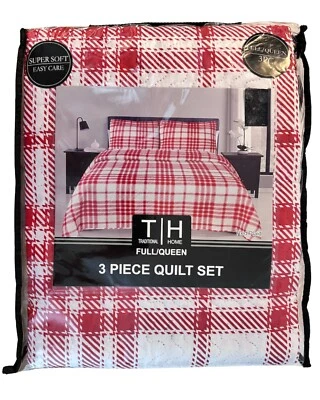 Traditional Home Quilt Set 3 Piece Full/Queen Red Plaid 2 Shams Super Soft 86x86 - Image 1 of 3