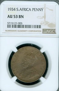 1934 SOUTH AFRICA PENNY KM-14.3 NGC AU-53 . - Picture 1 of 2