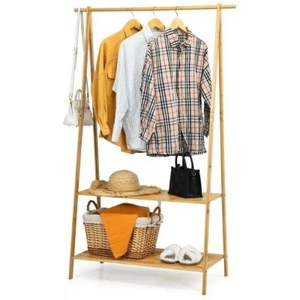 Entryway Bedroom Wood Garment Clothes Hanging Rack with 2 Bottom Storage Shelves - Picture 1 of 3
