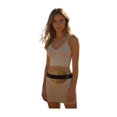 Cinturón de cuero sintético elástico negro para mujer cintura de cadera ovalado placa de metal dorado talla S M Foto 1 de 4