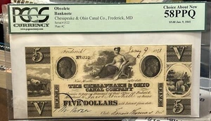 1841 $5 - Chesapeake & Ohio Canal Company - Obsolete Currency #1522 - PCGS 58PPQ - Picture 1 of 2