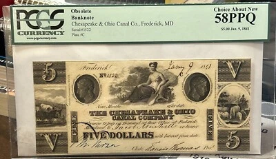 $5 de 1841 - Chesapeake & Ohio Canal Company - Moneda obsoleta #1522 - PCGS 58PPQ Foto 1 de 2