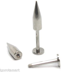 3X Spare Long Cone Spike Taper Piercing 10mm 14G Silver Ear Lip Chin Labret - Picture 1 of 5