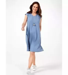 WynneLayers Stretch Tech Midi Pleat Back Dress Chambray Size Large MarlaWynne - Picture 1 of 2