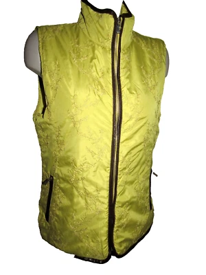 TWEEDS, Womens Sz Large, Chartreuse & Brown Embroidered  Vest,  Zip Front, Poly - Image 1 of 4