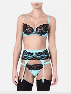 NWT Myla ISABELLA Bra / Thong / Suspender Belt, 34DD / L Cyan / Black *** - Picture 1 of 6