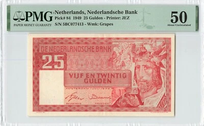 PAÍSES BAJOS 25 florines 1949, P-84, PMG 50 sobre UNC, bonita nota grado raro Foto 1 de 2