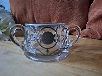 Cuenco de azúcar vintage Heisey de vidrio transparente con recubrimiento plateado doble mango Foto 1 de 4