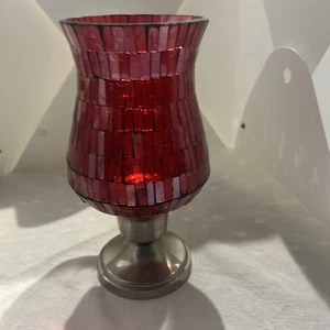 Vintage Windlicht Kerzenhalter schwer Mosaik rot 10" mit silbernem Sockel - Bild 1 von 23