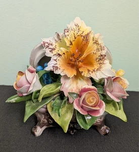 VTG Capodimonte Porcelain Colorful Floral Basket Centerpiece: 7” Length, 6" Tall - Picture 1 of 10