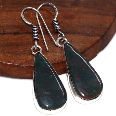 优雅血石 925 镀银手工耳环 1.6 英寸优雅礼物 GW — 第 1/3 张图片