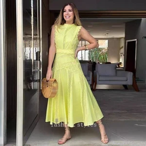 Nuevo Vestido Largo de Encaje Hueco para Mujer Verano Nuevo Sin Mangas Cintura Ajustado - Imagen 1 de 25