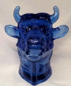 Tarro mostaza cabeza vaca LG Wright Ferdinand the Bull de colección vidrio azul cobalto  - Imagen 1 de 10