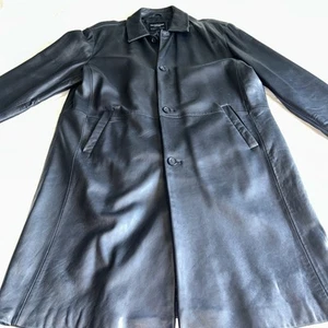 Abrigo Chaqueta de Cuero de Cordero Pronto Uomo Hombres Largo Completo Negro Bolsillos Usado en Excelente Condición - Imagen 1 de 10