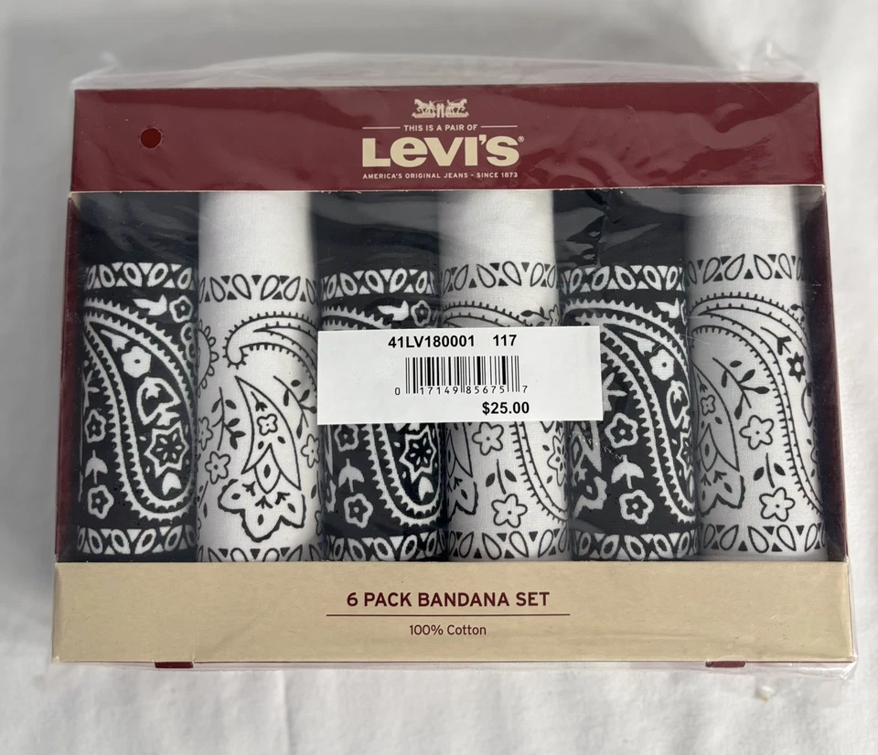 Levi's Men's 100 Cotton Bandana Headband Gift Sets White/black 6 Packs