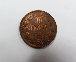 Finlandia Rusia Nicolás II Grande Cobre 10 Pennia 1916 UNC MUY ESCASO - Imagen 1 de 2