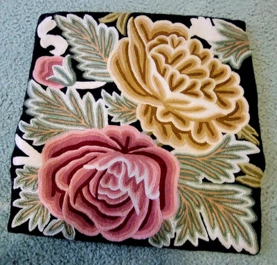 Vintage Hand Embroidered Multi-Color Floral Wool Pillow Cover Zip Back 15"  - Image 1 of 4