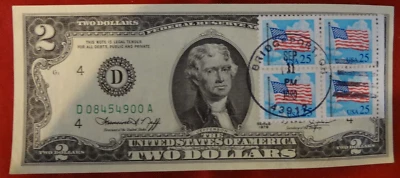 US $2 Federal Reserve Note, Series 1976 with 9-11-89 stamps - Image 1 of 2