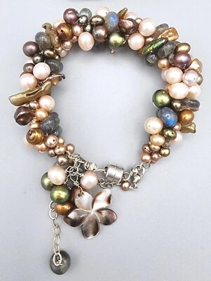 925 Sterling Silver Multicolor Pearl Labradorite Gemstone + MOP Cluster Bracelet - Image 1 of 4
