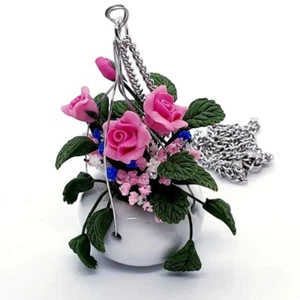 Handmade TRAILING PINK ROSES NECKLACE miniature FLOWER hanging basket GIFT BOXED - Picture 1 of 1