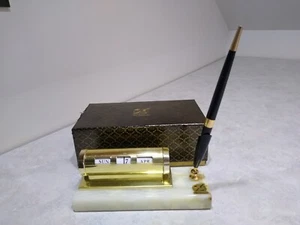 Vintage Ewiger Kalender aus Messing und Onyx mit Stifthalter & Marmorsockel Neu - Bild 1 von 12